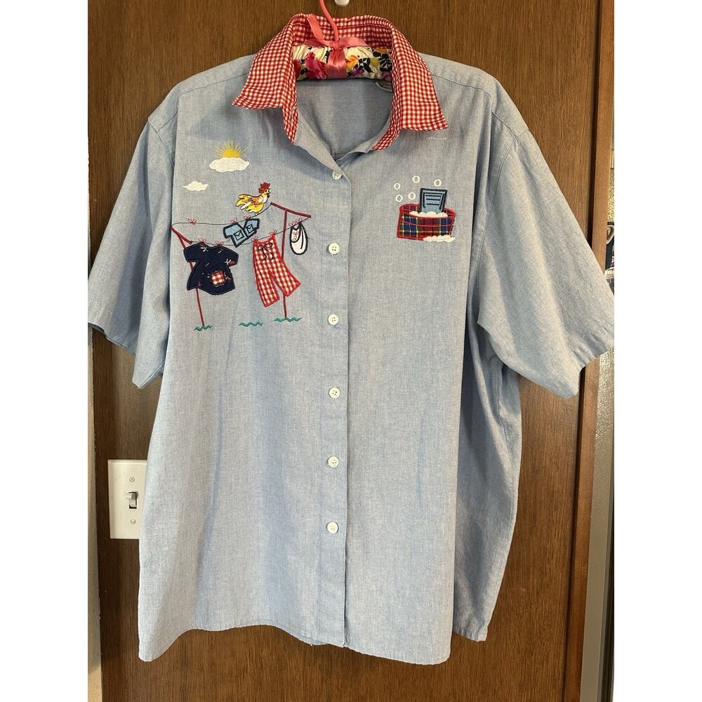 Vintage Wash Day embroidered shirt button up chambray checkered collar Sz 20W